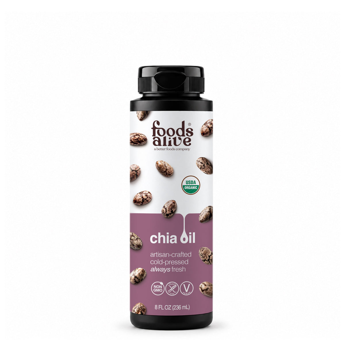 Foods Alive Organic Cold-Pressed Chia Oil 8 oz black plastic bottle with black cap and purple label featuring chia seeds. 