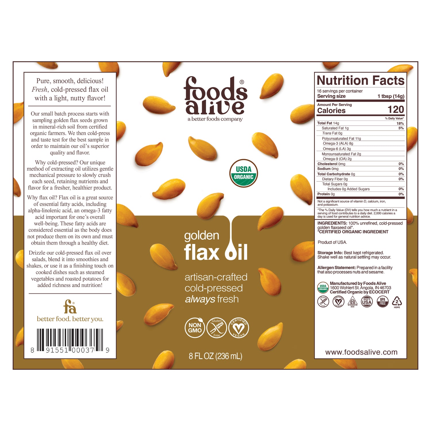 Organic Cold-Pressed Gold Flax Seed Oil 8oz Label - Foods Alive