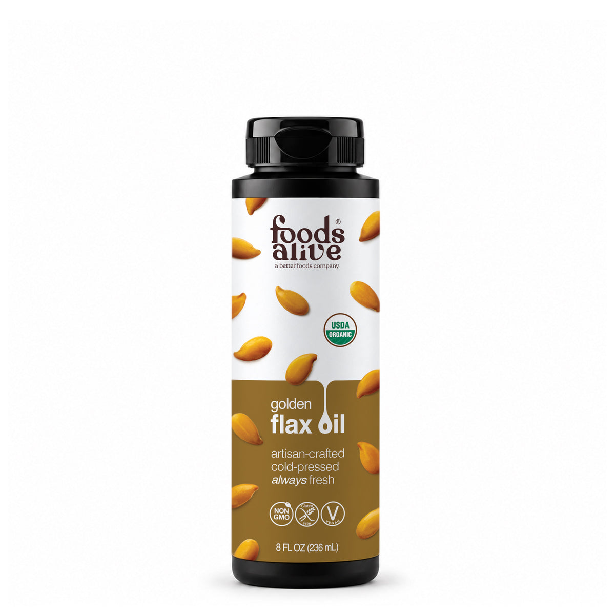 Foods Alive Organic Cold-Pressed Golden Flax Oil 8 oz, black plastic bottle with black cap and gold label featuring flaxseeds. 