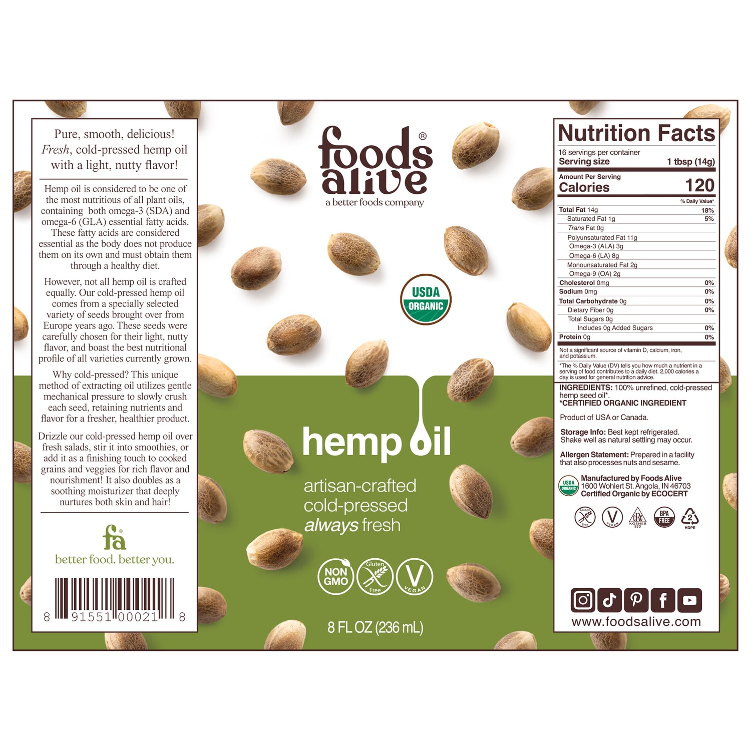 Organic Cold-Pressed Hemp Seed Oil 8oz, 