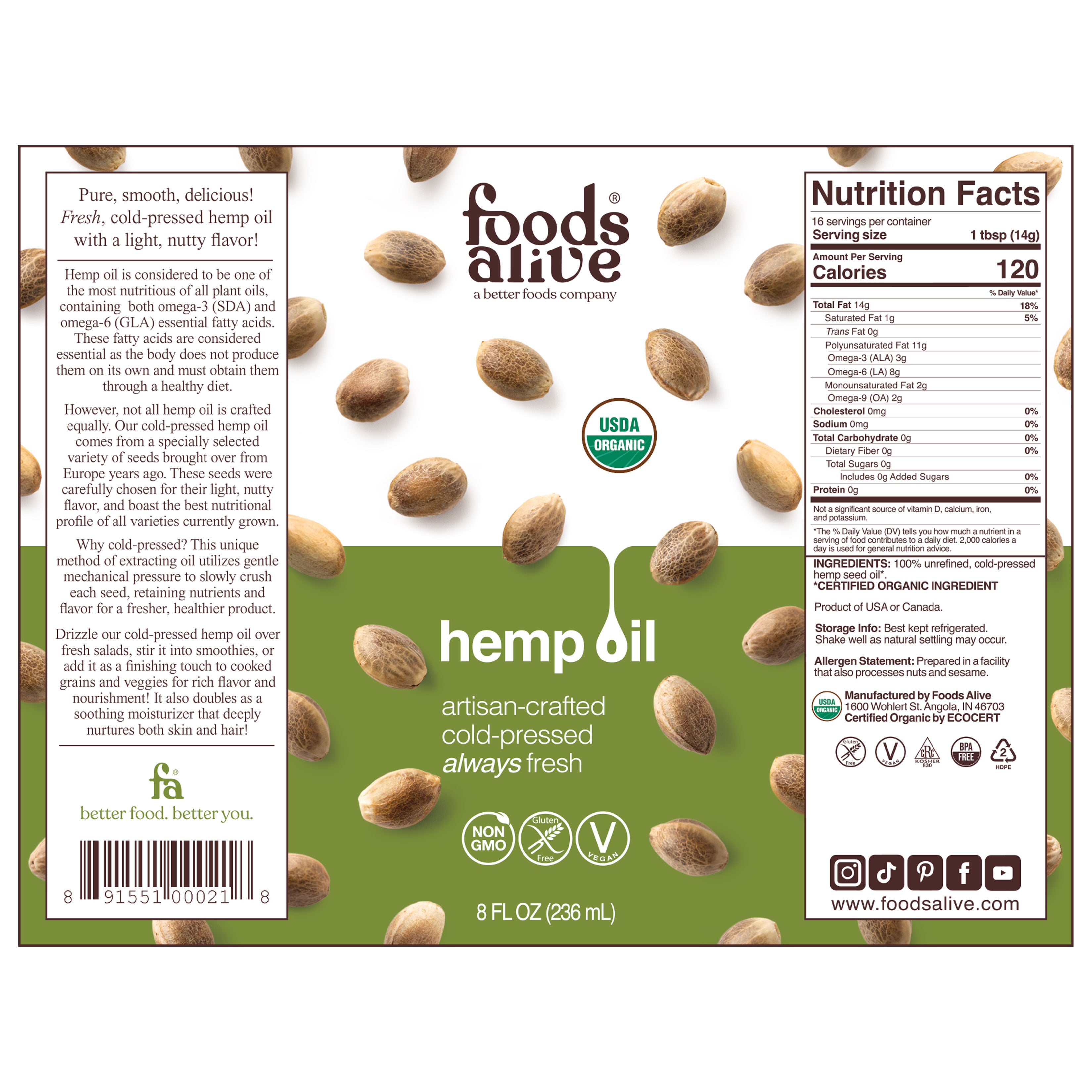 Organic Cold-Pressed Hemp Seed Oil 8oz, 