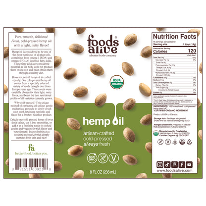 Organic Cold-Pressed Hemp Seed Oil 8oz, 