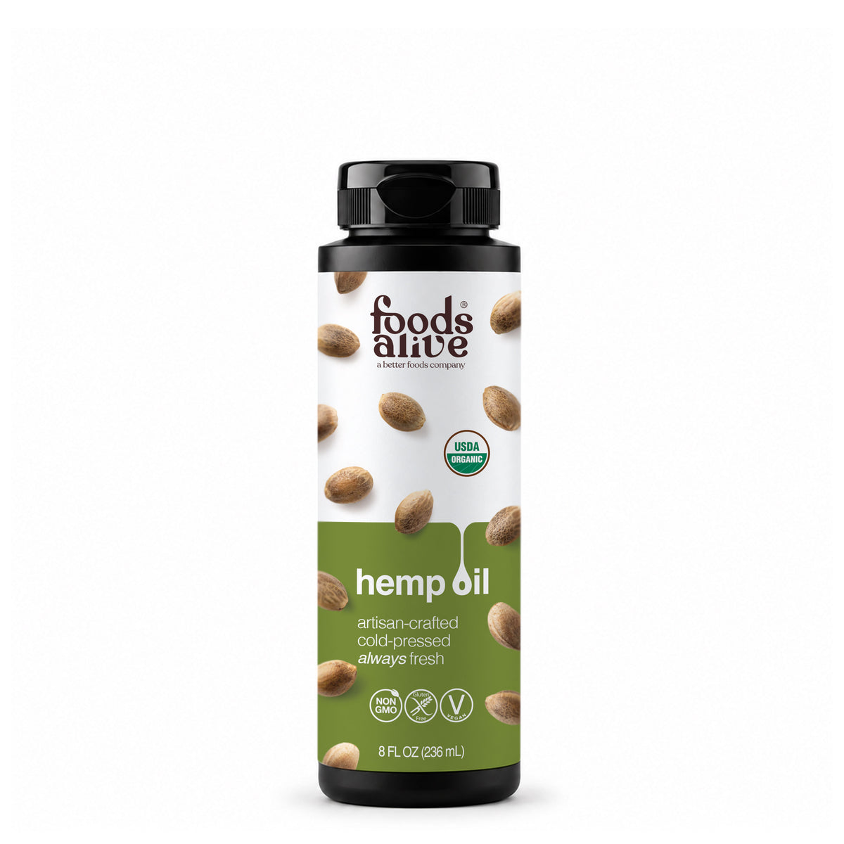 Foods Alive Organic Cold-Pressed Hemp Seed Oil 8 oz black plastic bottle with black cap and green and white label featuring hemp seeds. 