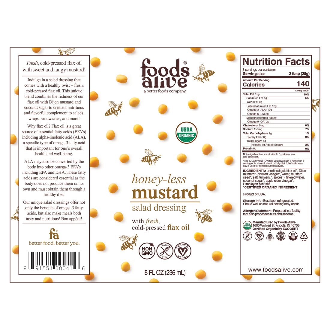 Organic Honey-Less Mustard Salad Dressing Label - 8oz