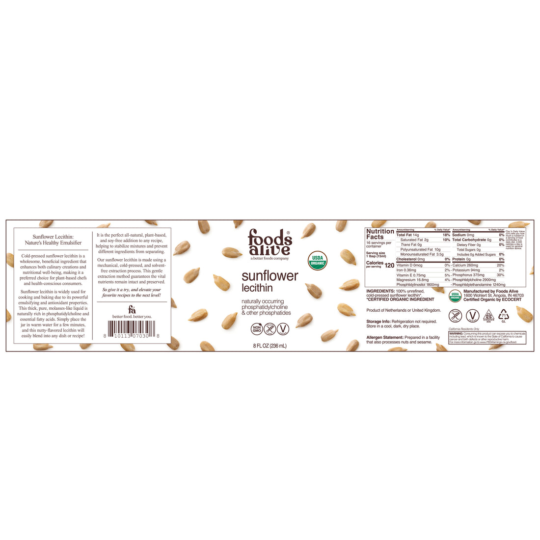 Organic Cold-Pressed Sunflower Lecithin 8oz Glass Jar - Foods Alive,