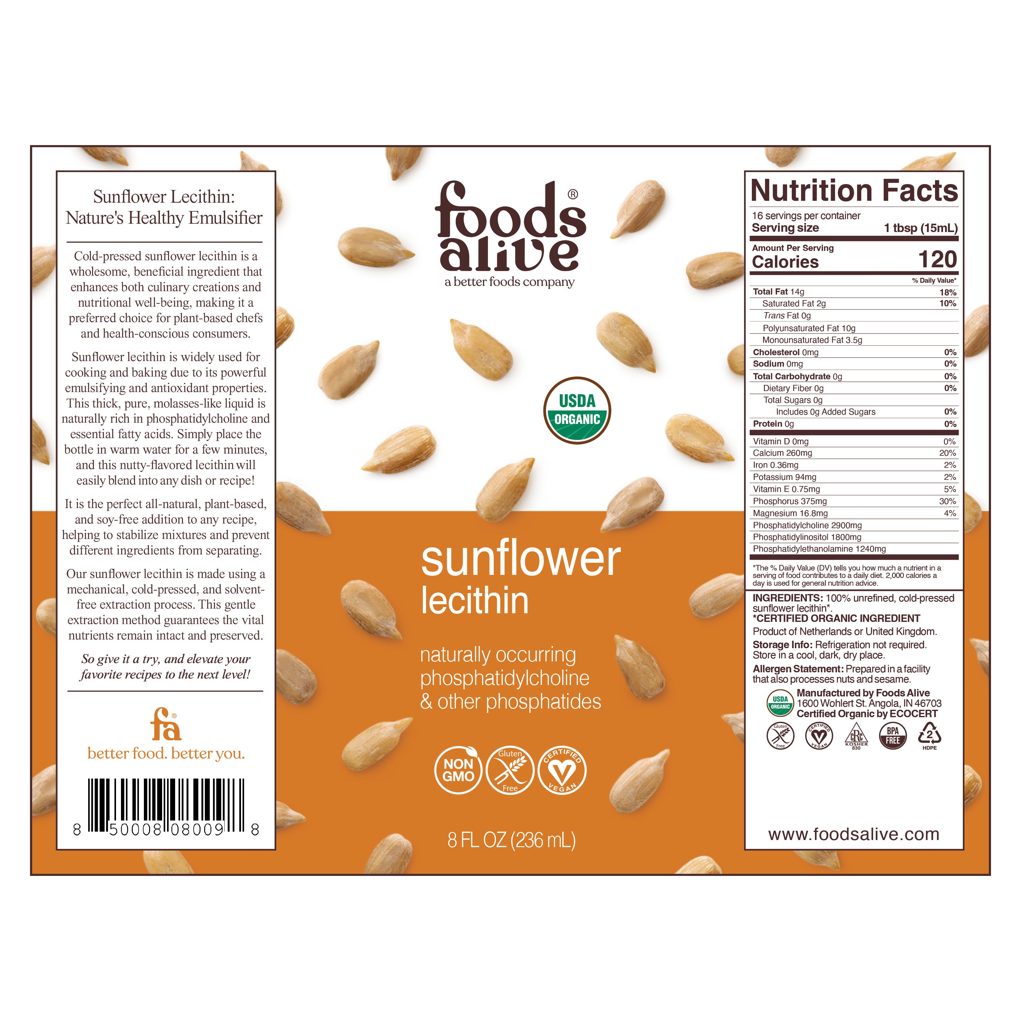 Organic Cold-Pressed Sunflower Lecithin 8oz Label - Foods Alive