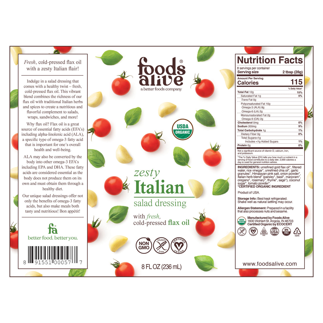 Organic Zesty Italian Salad Dressing Label - 8oz