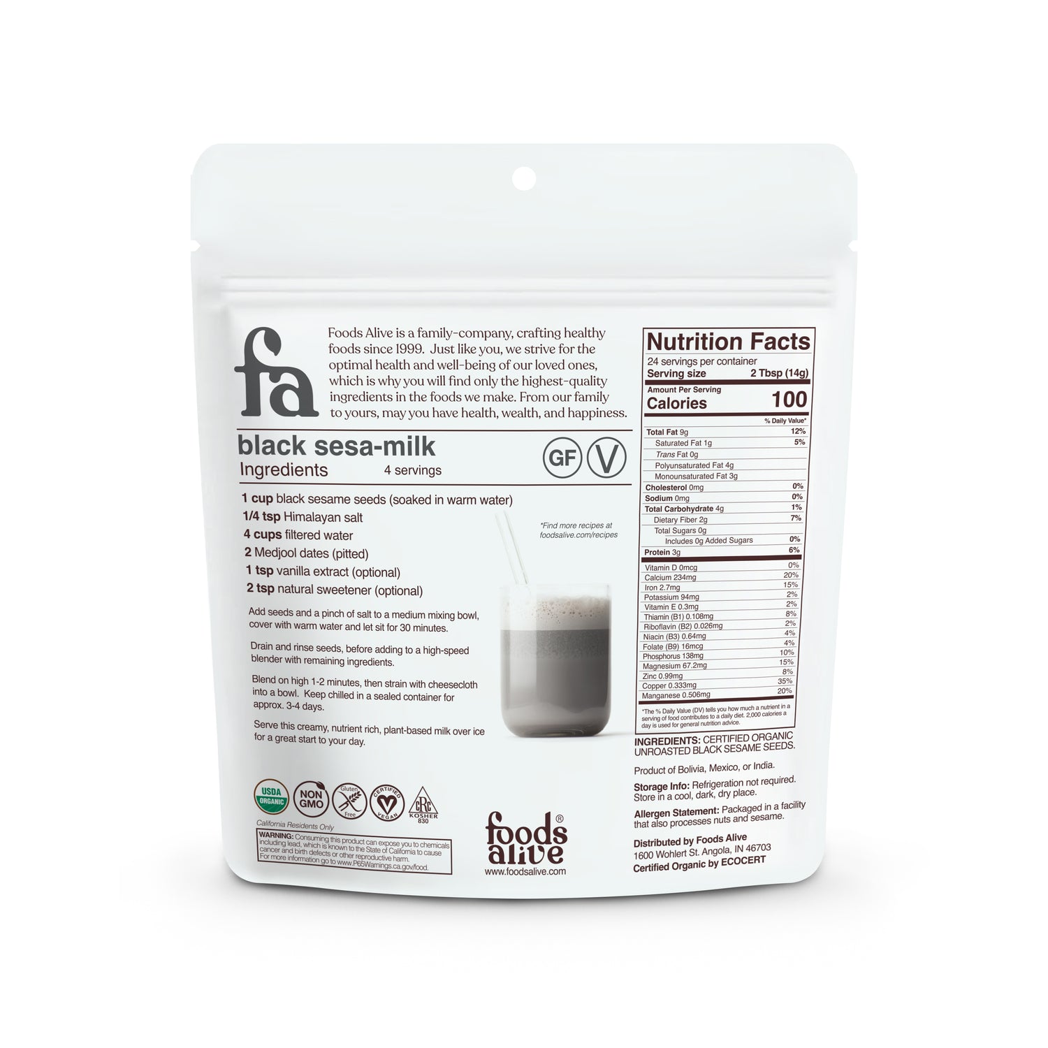 Foods Alive - Organic Black Sesame Seed - 12 oz - Back