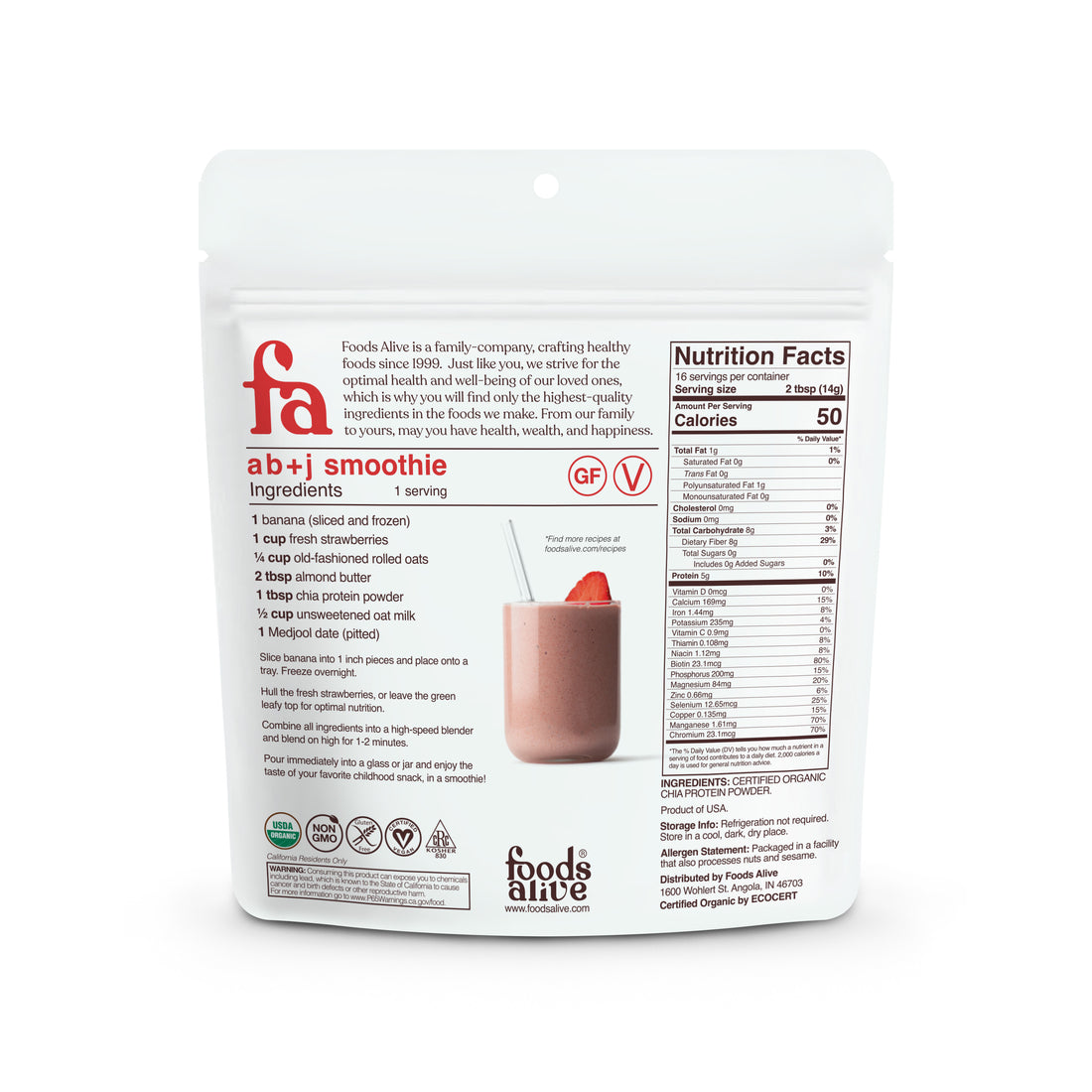 Foods Alive - Organic Chia Protein Powder - 8 oz - Back