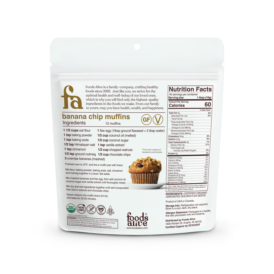 Foods Alive - Organic Golden Flax Seed - 16 oz - Back