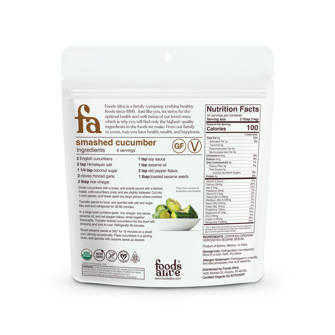 Organic Natural Sesame Seeds - 12oz - Back - Foods Alive