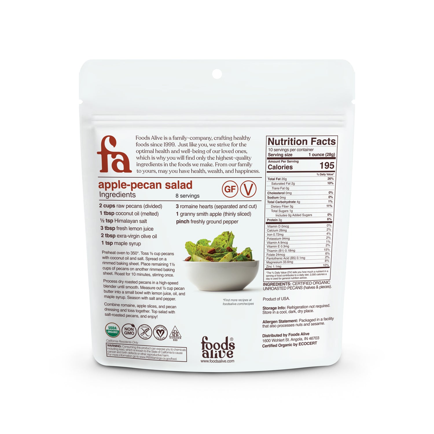 Organic Raw Pecans - 10oz - Back - Foods Alive