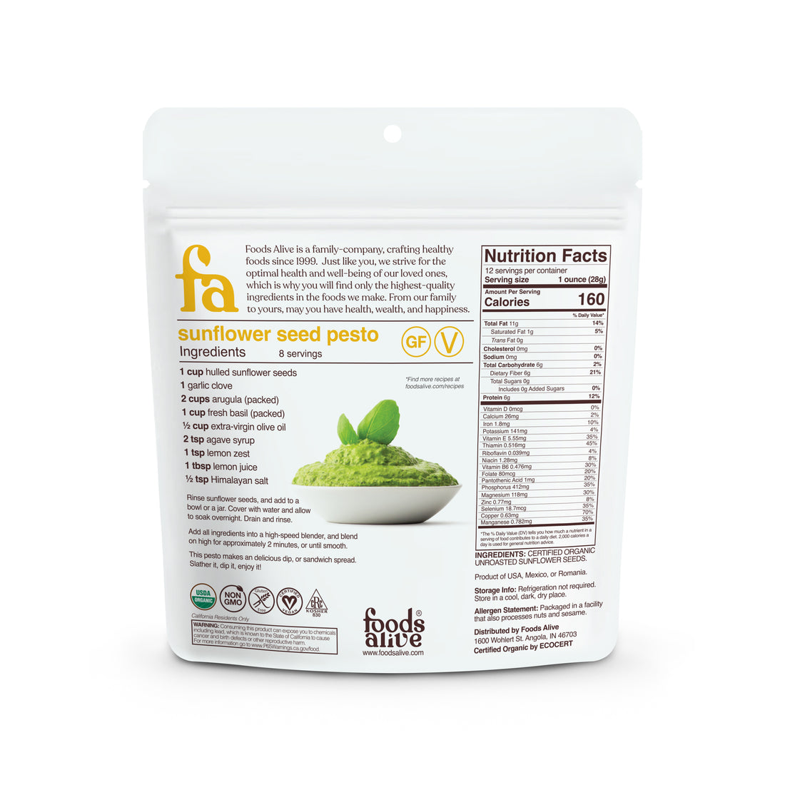 Organic Sunflower Seeds - 12oz - Back - Foods Alive