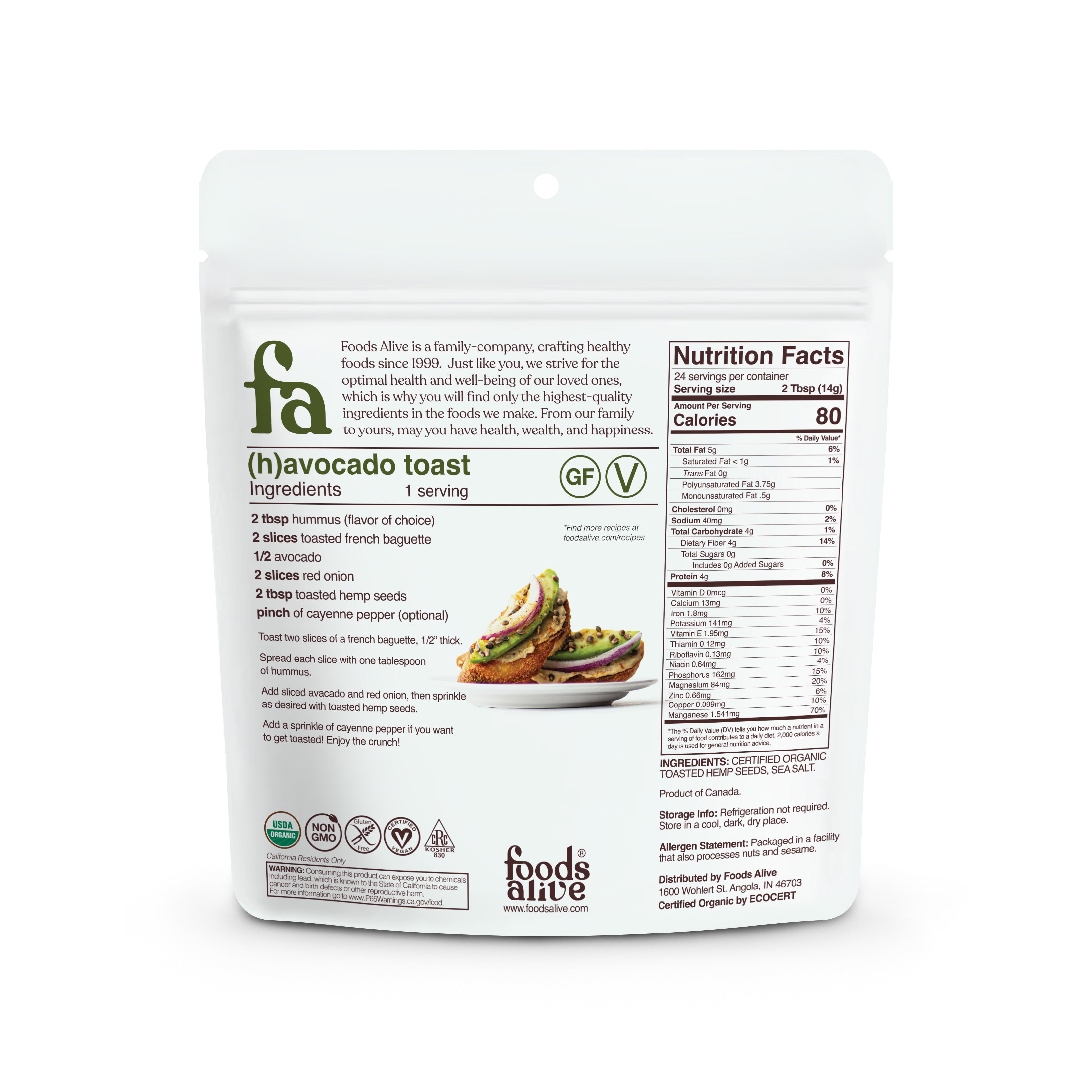 Foods Alive - Organic Toasted Hemp Seeds - 12 oz - Back