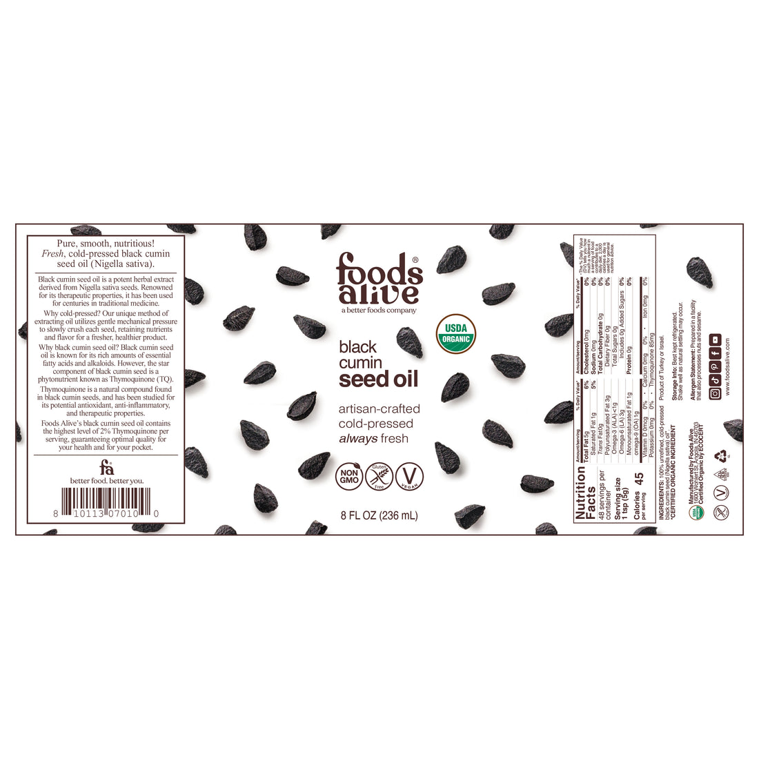 Organic Cold-Pressed Black Cumin Seed Oil 8oz Glass Bottle Label - Foods Alive,