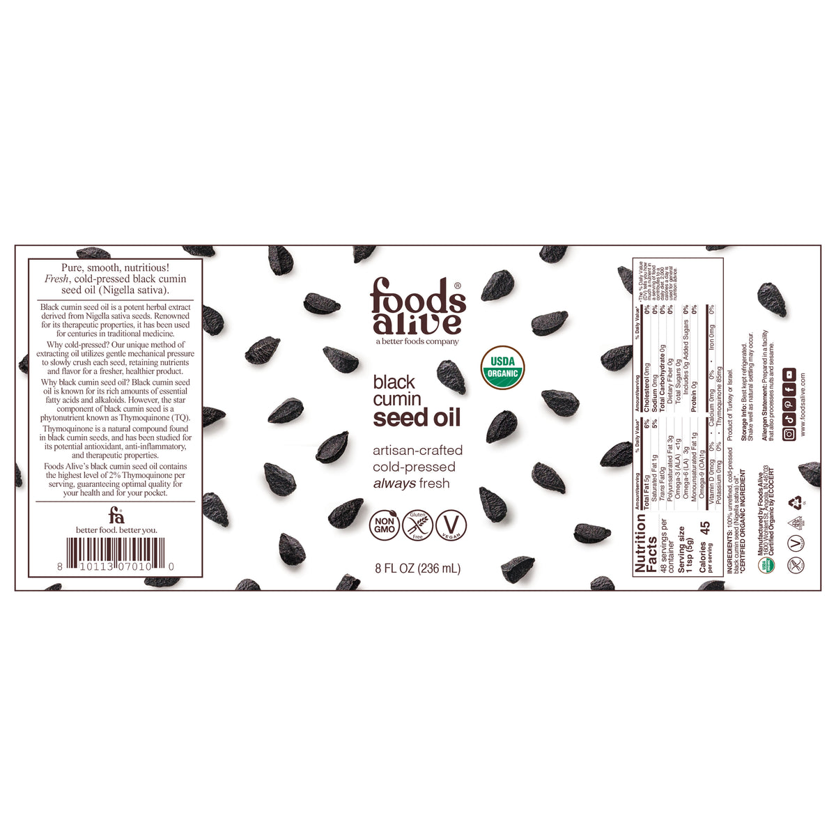 Flat packaging label for Foods Alive Organic Black Cumin Seed Oil, 8 oz glass bottle, showing front and back panels, Nutrition Facts, and barcode. 