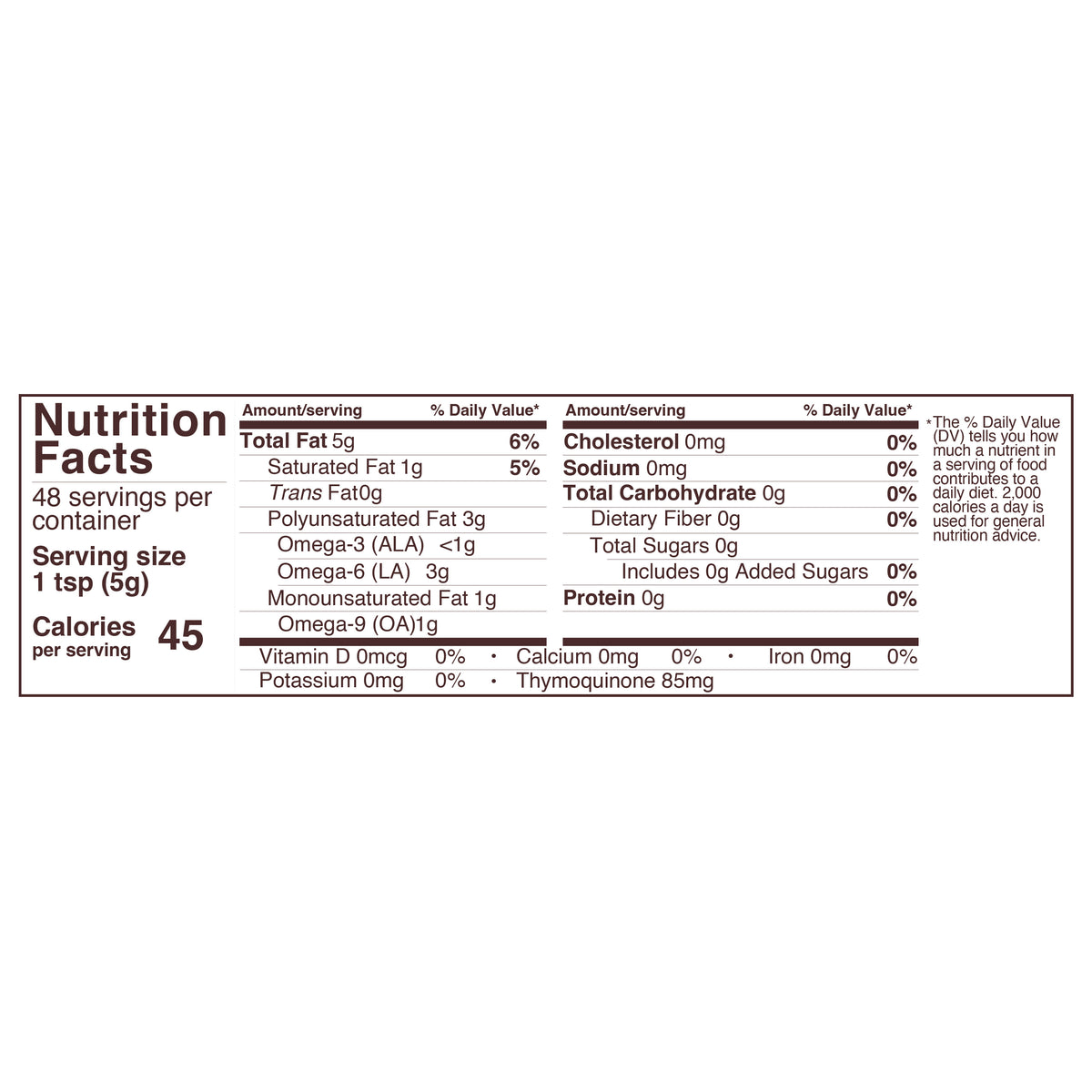 Nutrition Facts for Foods Alive Organic Black Cumin Seed Oil, 8 oz glass bottle, showing 45 calories, 5 g total fat, and 85 mg thymoquinone per serving. 