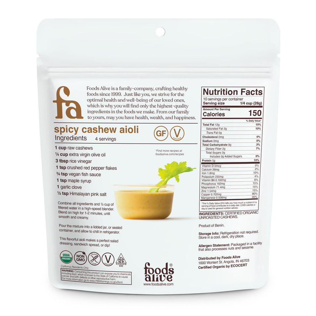 Organic Raw Cashews - 10oz - Back - Foods Alive,