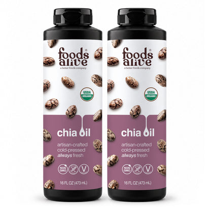 Foods Alive Organic Cold-Pressed Chia Oil 16 oz 2-pack, two black plastic bottles with purple chia seed labels. 