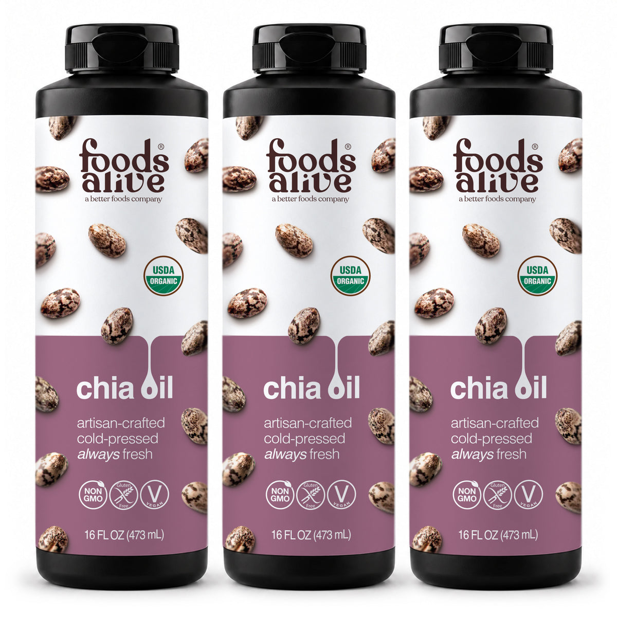 Foods Alive Organic Cold-Pressed Chia Oil 16 oz 3-pack, three black plastic bottles with purple chia seed labels. 