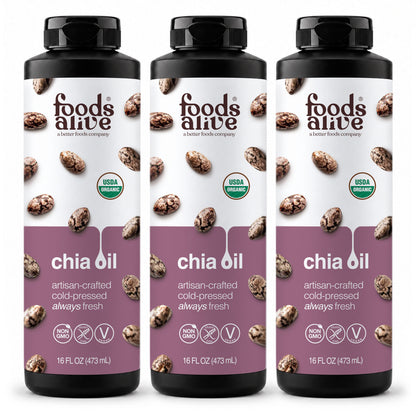 Foods Alive Organic Cold-Pressed Chia Oil 16 oz 3-pack, three black plastic bottles with purple chia seed labels. 
