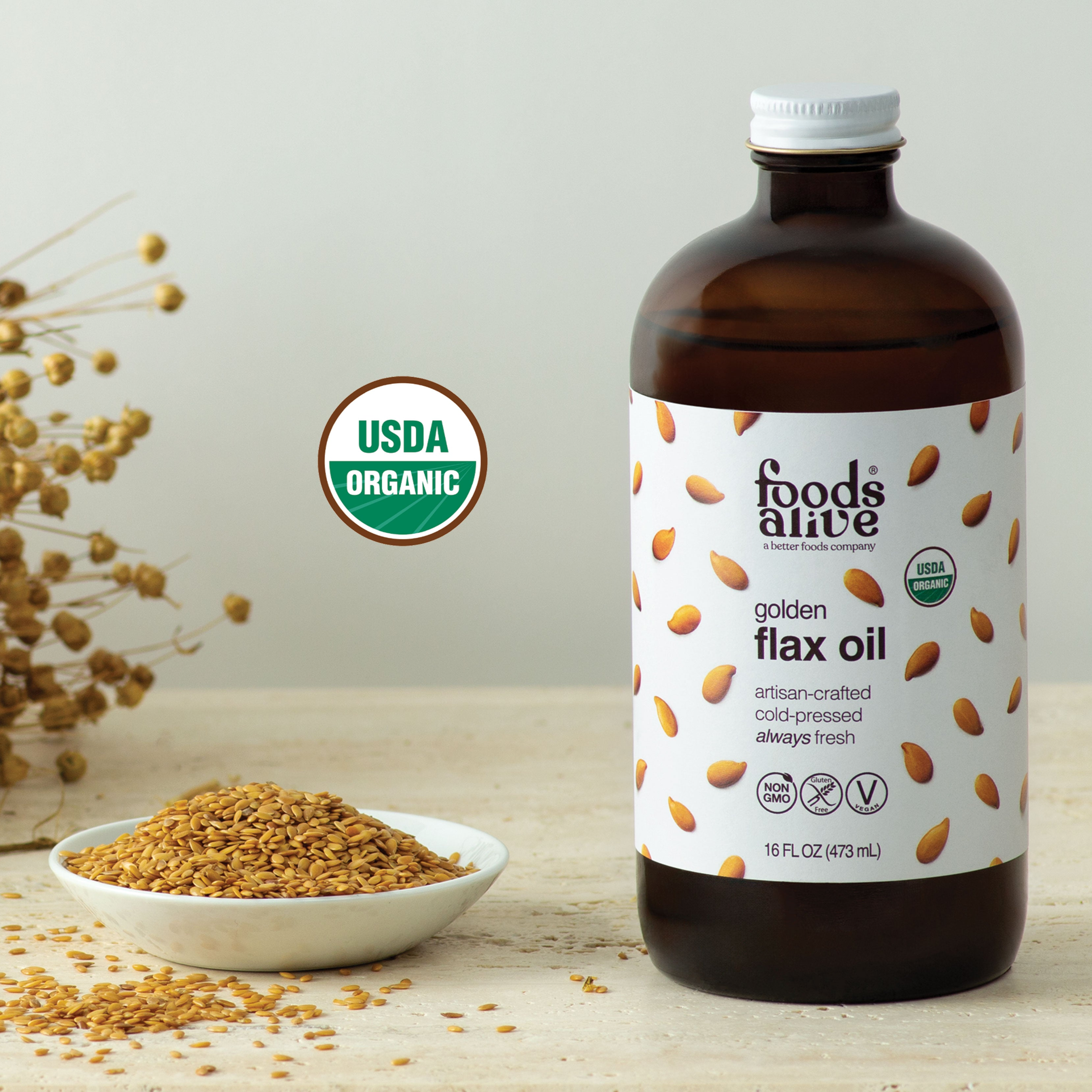 organic flax oil in glass bottles