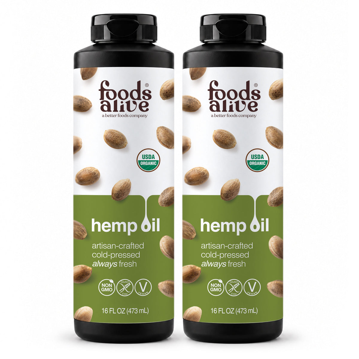 Foods Alive Organic Cold-Pressed Hemp Seed Oil 16 oz 2-pack featuring two black plastic bottles with green and white hemp seed labels. 