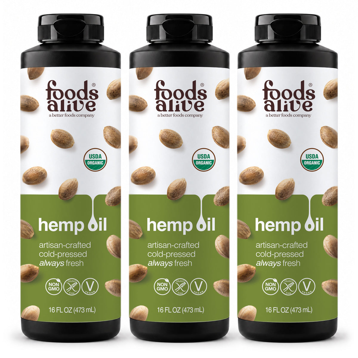 Foods Alive Organic Cold-Pressed Hemp Seed Oil 16 oz 3-pack featuring three black plastic bottles with green and white hemp seed labels. 