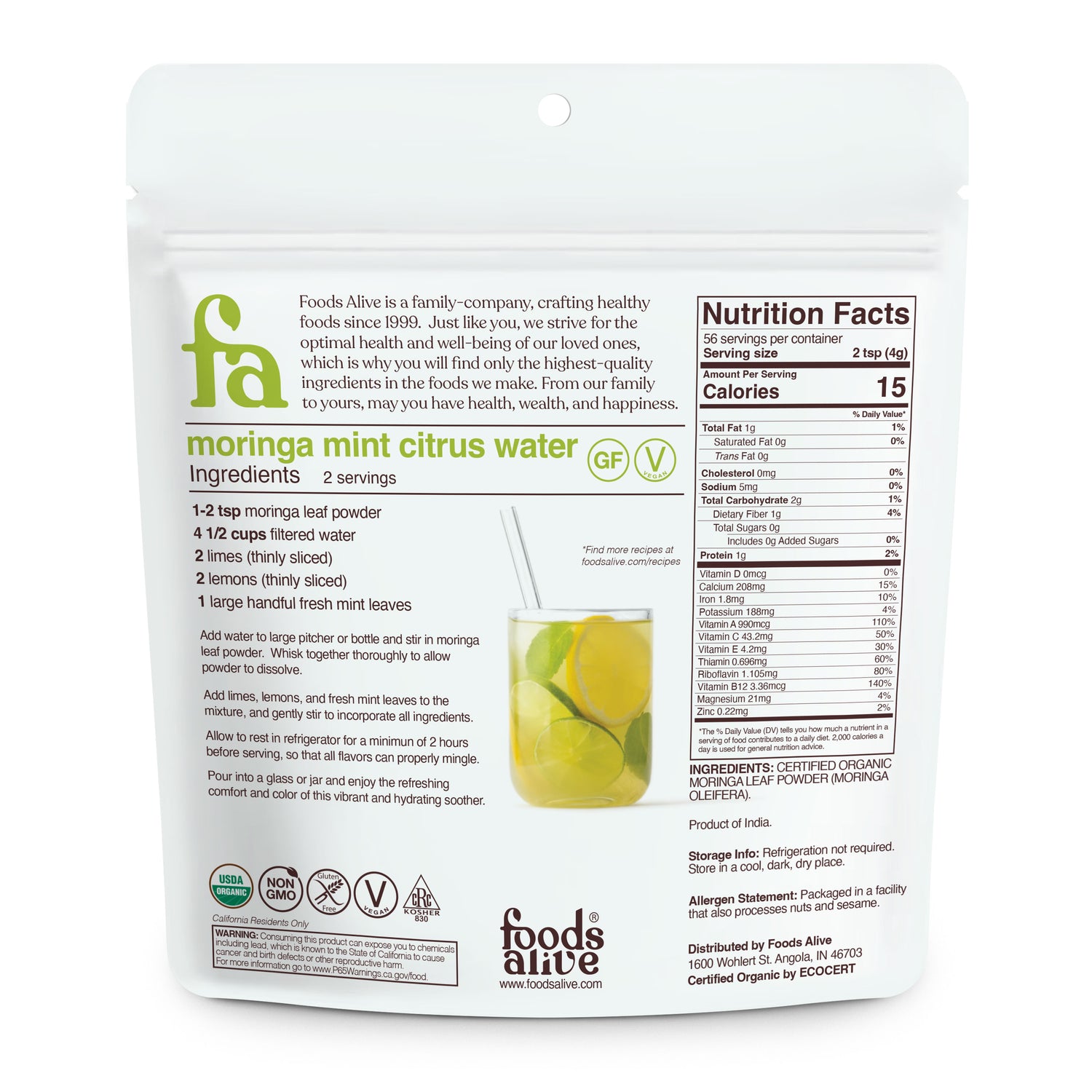 Organic Raw Moringa Leaf Powder - Nutrient-Dense Food - Foods Alive - Back