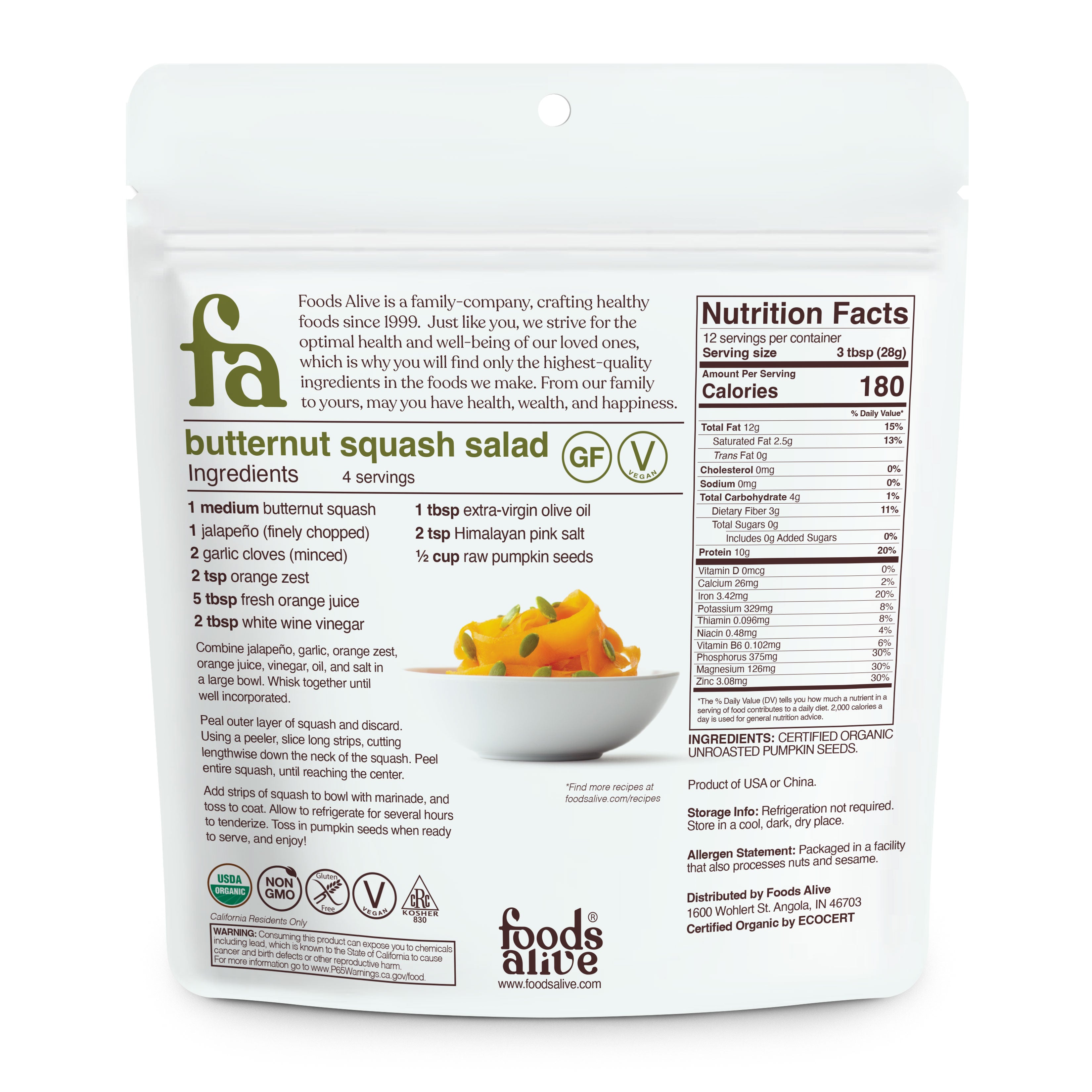 Organic Pumpkin Seeds - 12oz - Front - Foods Alive