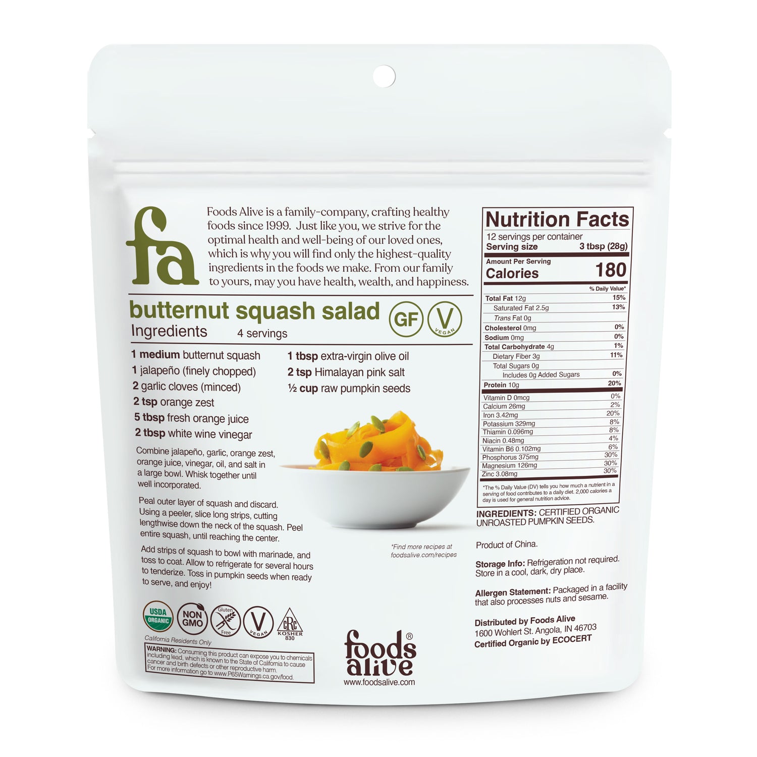 Organic Pumpkin Seeds - 12oz - Front - Foods Alive, 