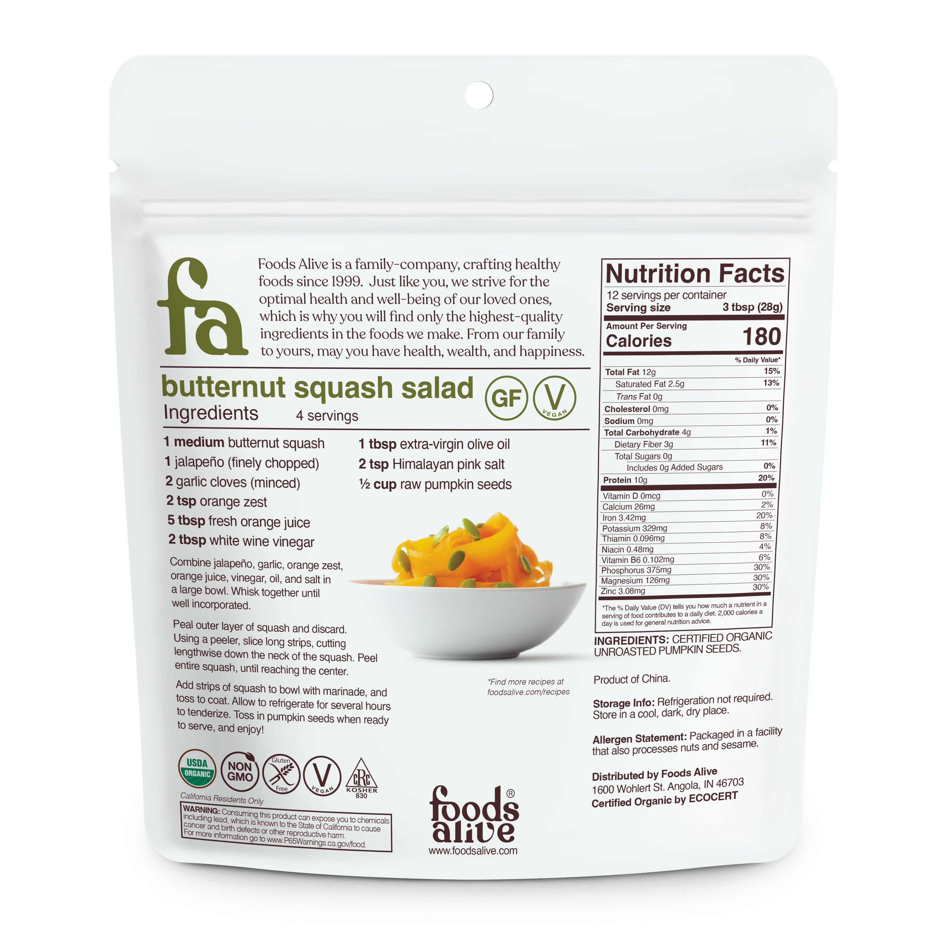 Organic Pumpkin Seeds - 12oz - Front - Foods Alive, 