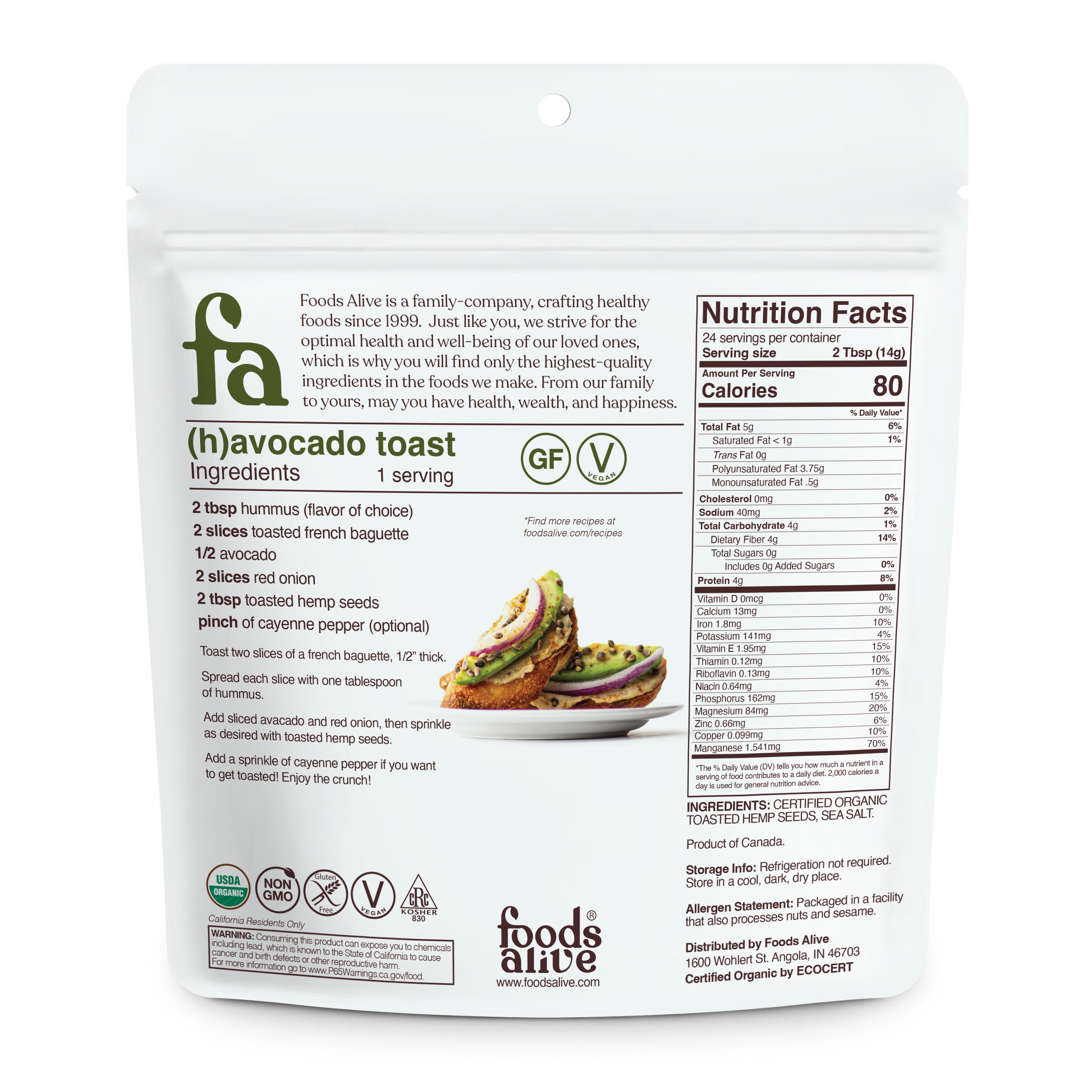 Foods Alive - Organic Toasted Hemp Seeds - 12 oz