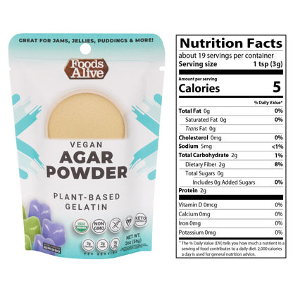 Foods Alive Agar Powder - Organic, Plant Based, Vegan Gelatin - Nutritional Panel